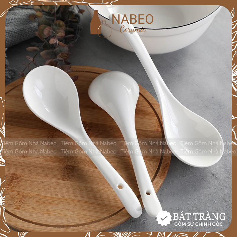 Thìa sứ trắng bát tràng, muôi canh, thìa khuấy cafe