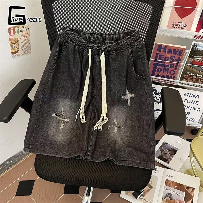 LIVE GREAT Quần Jean Nam Quần short denim cao đường phố cổ điển bốn gai starripped ống suông quần thường ngày