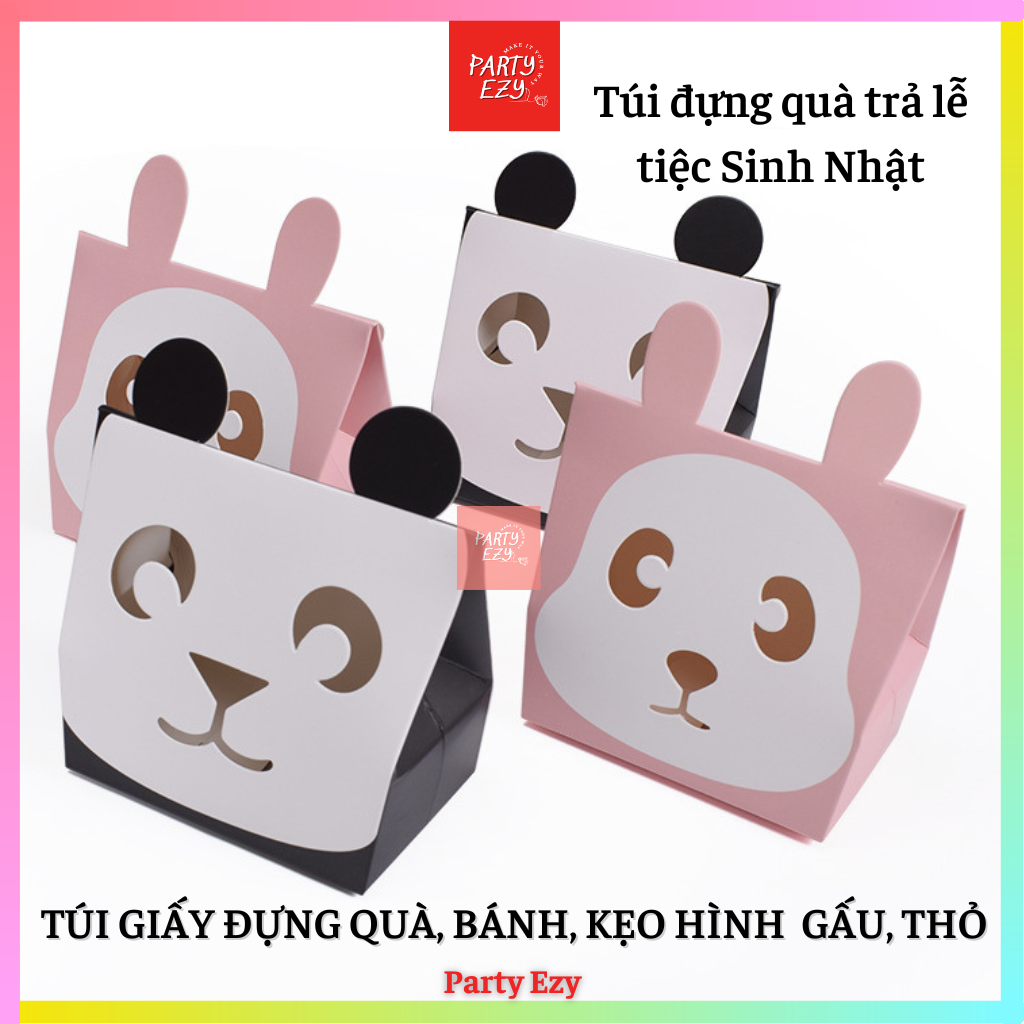 Túi giấy đựng quà, bánh kẹo hoạt hình gấu trúc và thỏ hồng