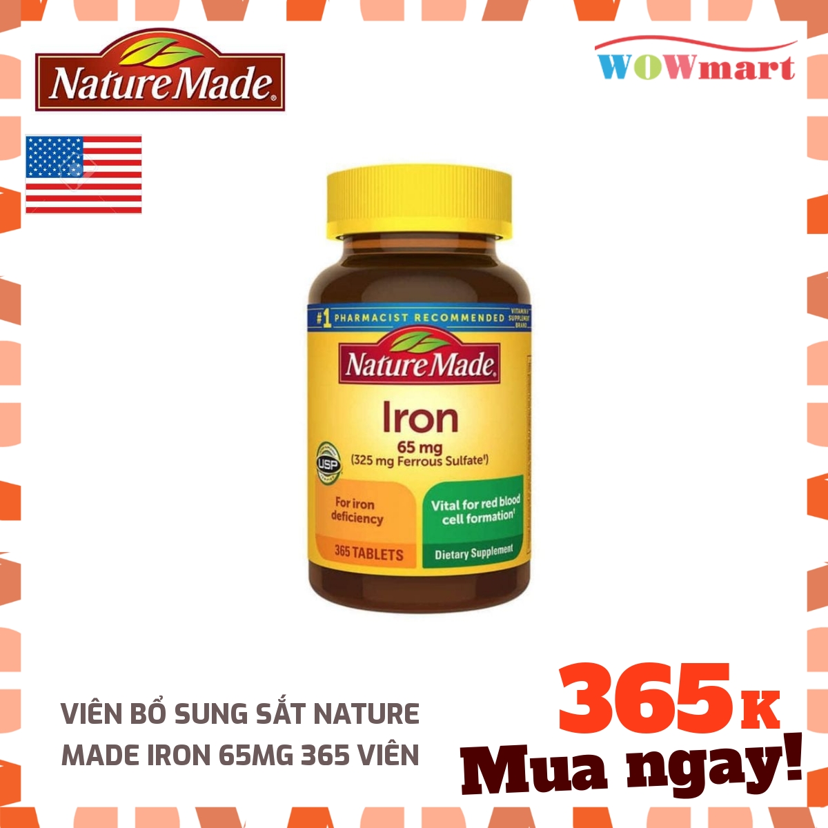 Viên bổ sung sắt nature made iron 65mg 365 viên -