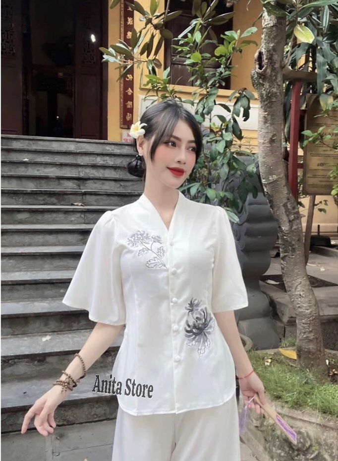 📿 đồ lam đi chùa - pháp phục nữ - bộ phật tử pháp phục đi chùa tay lỡ - mẫu pháp phục thêu hoa cúc thanh lịch