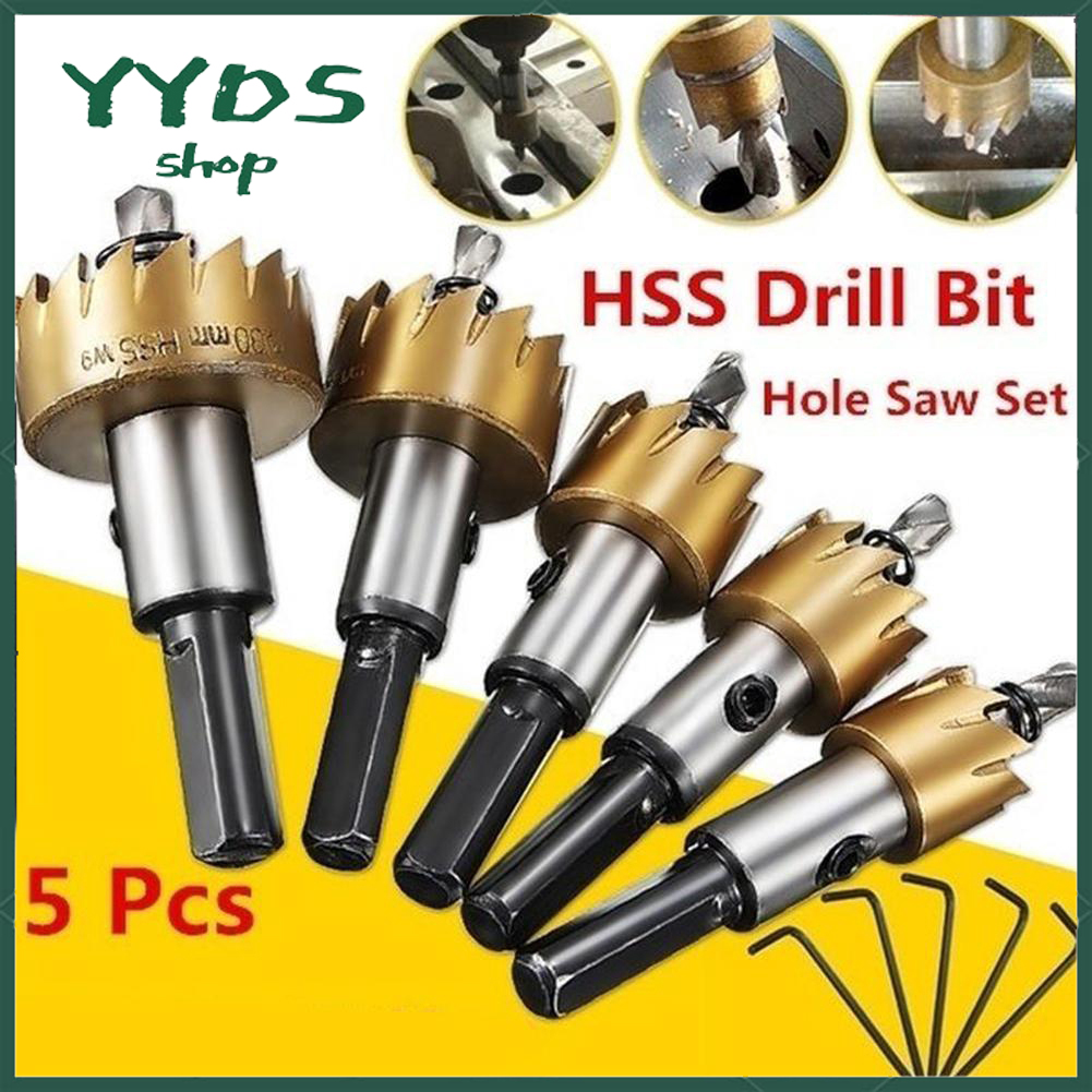 Hàng có sẵn tại TPHCM Bộ 5 Mũi Khoan Khoét Lỗ - Mũi Khoét Kim Loại Thép HSS Kích Thước 16mm - 30mm Có Mũi Định Tâm