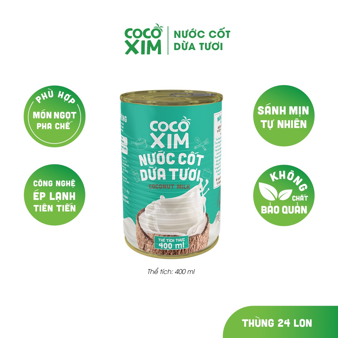 Nước cốt dừa tươi từ 100 dừa nguyên chất Cocoxim Coconut Milk - Thương hiệu COCOXIM 400ml Nhãn Xanh