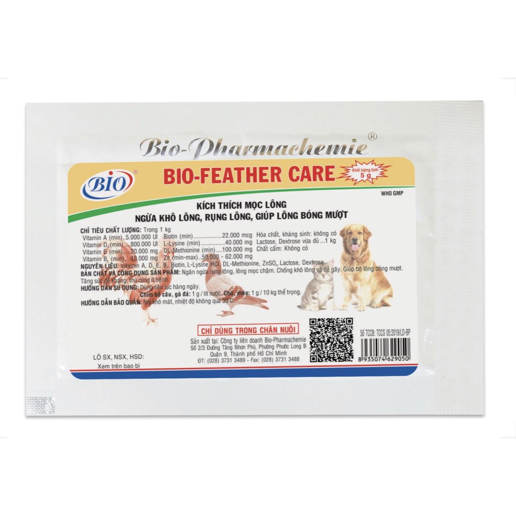 Bột dưỡng lông, kích thích mọc lông cho chó mèo Bio Feather Care 5g