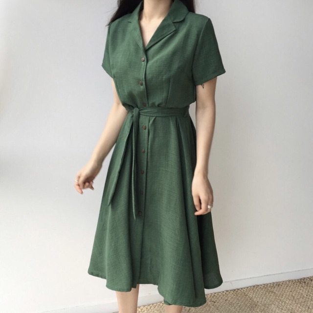 Đầm xanh rêu thắt eo ms22