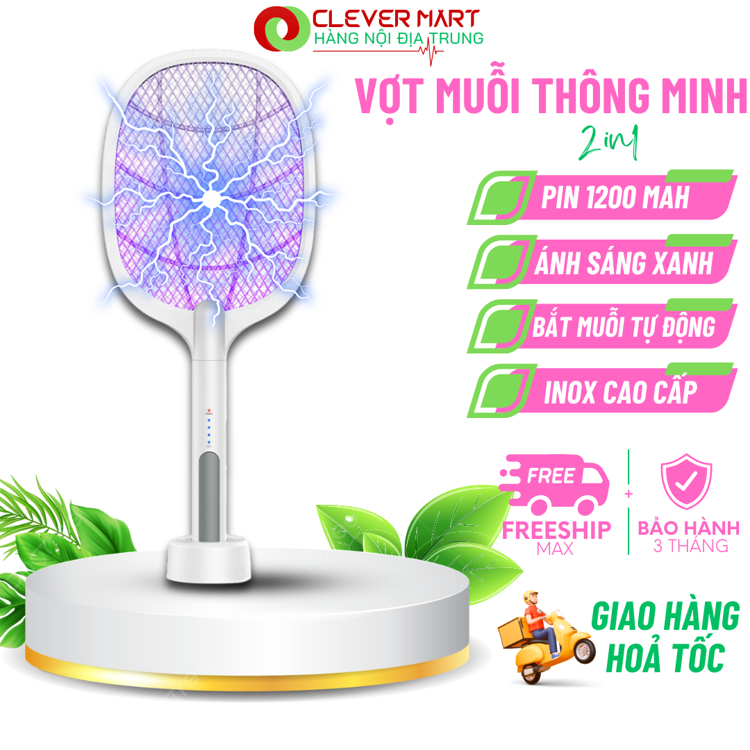 Vợt muỗi thông minh bắt muỗi tự động 2 in 1, pin sạc cao cấp 1200mah tích hợp ánh sáng xanh thu hút muỗi
