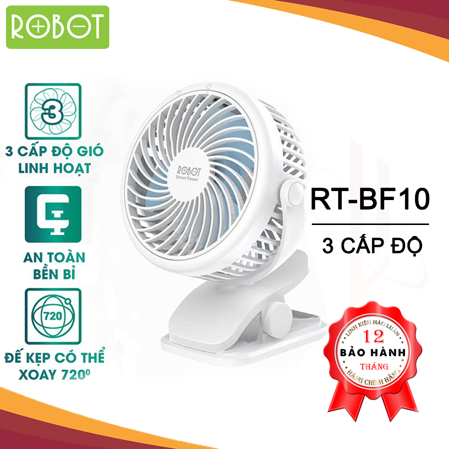 Quạt sạc mini usb robot rt-bf10 - đế kẹp bàn, 3 cấp độ gió, xoay - 720 độ - hàng chính hãng