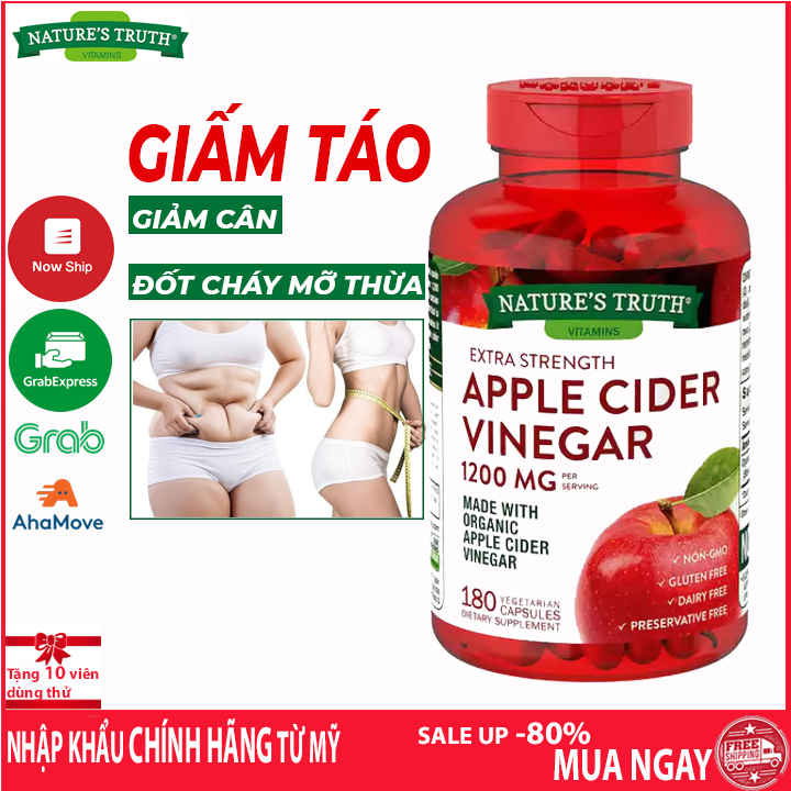 Viên uống giấm táo của mỹ tốt hơn giấm táo hữu cơ bragg giúp giảm cân giảm mỡ hiệu quả Apple Cider Vinegar 1200mg Nature's Truth 180 viên