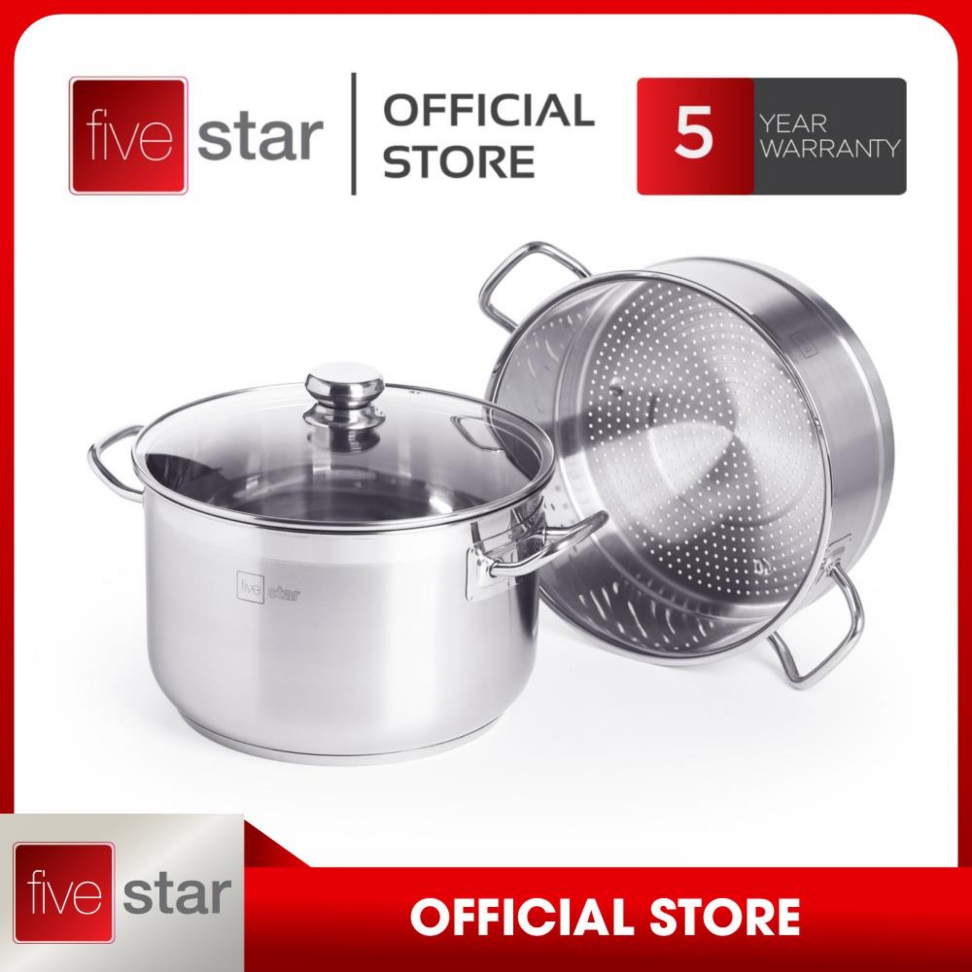 Bộ xửng hấp 3 đáy inox 430 Fivestar Standard bếp từ nắp kính tặng 5 muỗng (28cm)