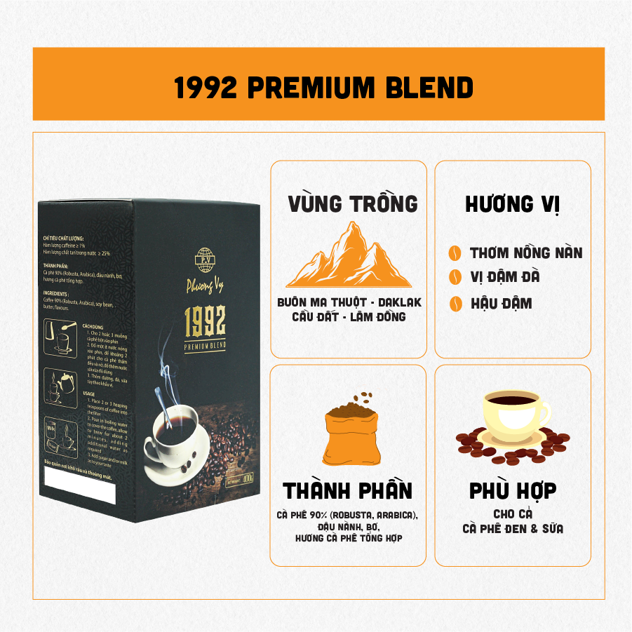 Cà phê rang xay 1992 Premium Blend 400g mùi thơm nồng nàn, vị đậm đà