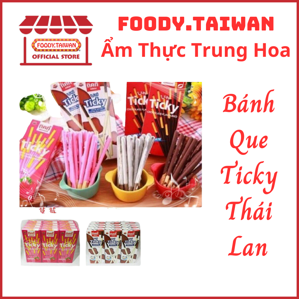 Bánh Que Ticky Thái Lan Phủ Kem 3 Vị Socola , Sữa , Dâu - Hộp 20G 6 Que - Foody.Taiwan