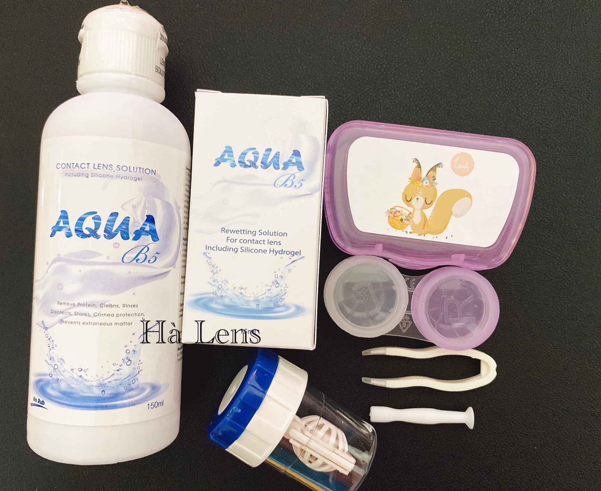 COMBO Nước ngâm lens , nhỏ mắt , khây gương full dụng cụ , máy rửa lens
