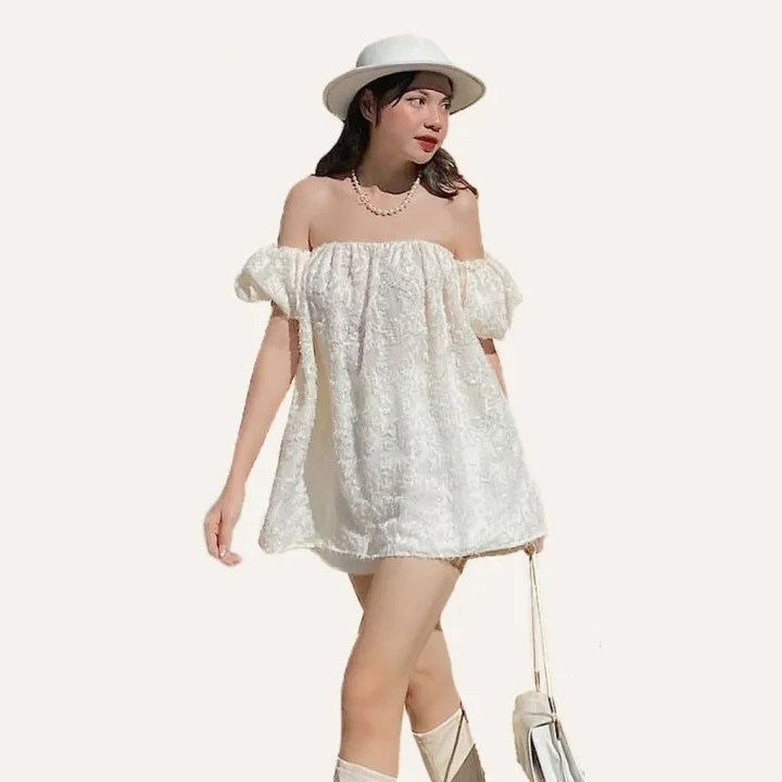 Set áo trễ vai tay bồng nữ chất tơ hoa nổi Linly Store