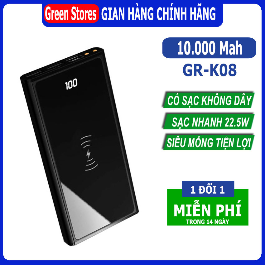 [22.5W-Mới 2020]-Sạc dự phòng không dây K8 GREEN STORE 10000mah hỗ trợ sạc nhanh 22.5w,Pin sạc dự phòng hỗ trợ sạc nhanh PD, QC3. Sạc không dây sạc nhanh 15w nhỏ gọn tiện lợi [ sạc dự phòng, sạc dự phòng 30000mah]