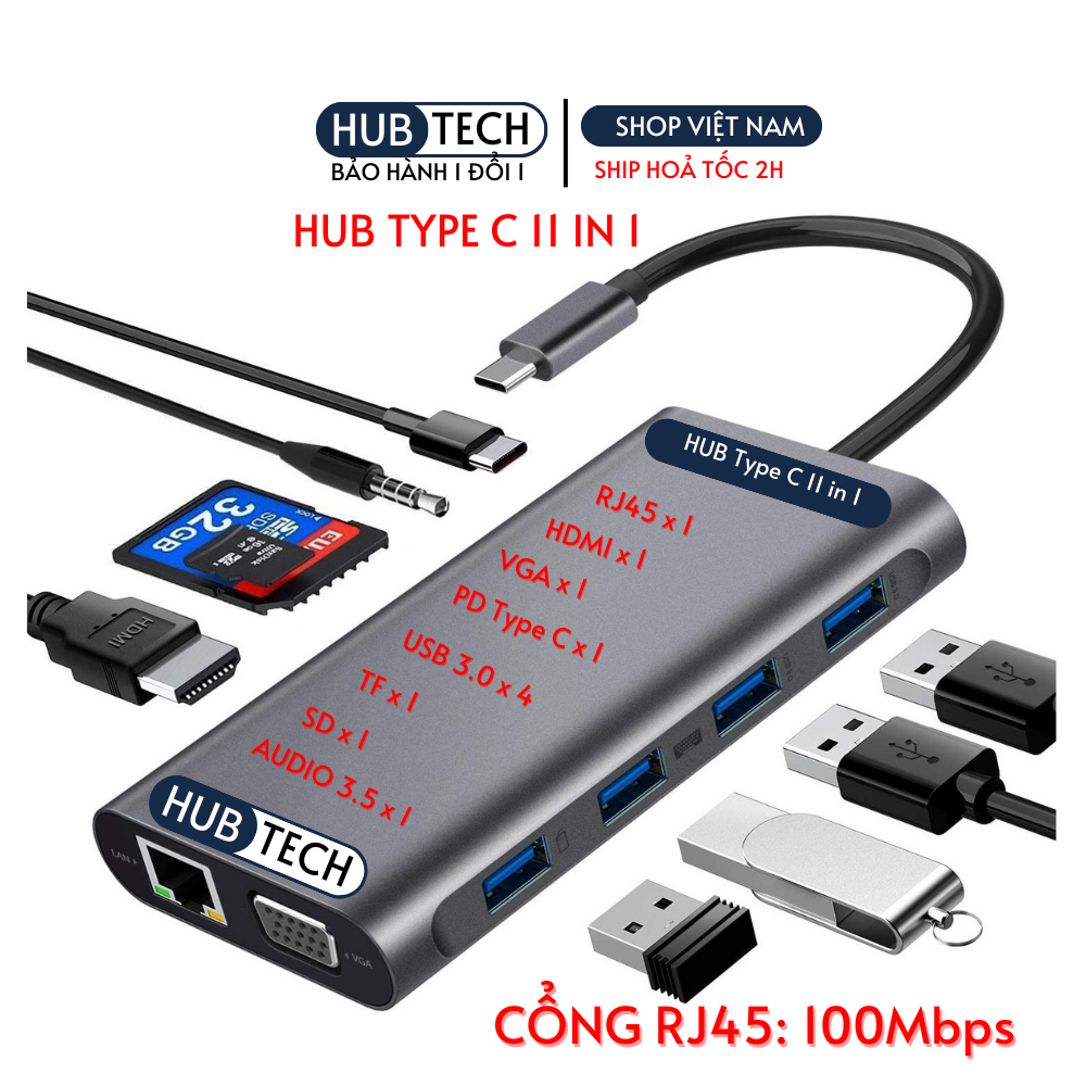 Hub usb type c thunderbolt 3 hub usb type c 11 in 1 HDMI VGA AUDIO TYPE C SD TF LAN RJ45 100 MBps CHO LAPTOP , MAC