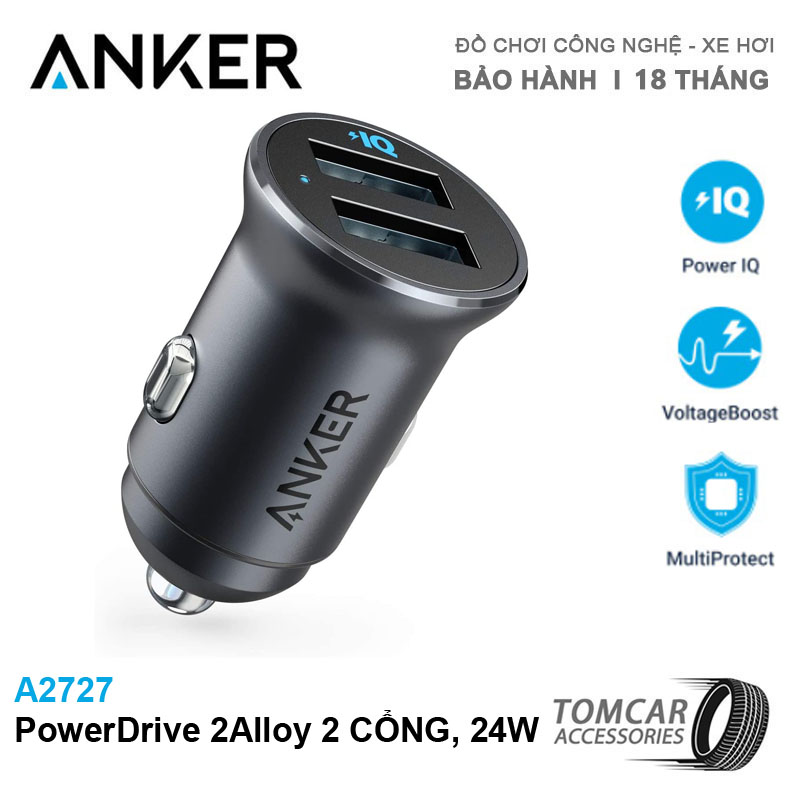 Tẩu sạc ô tô Anker PowerDrive 2 Alloy A2727 2 cổng USB, công suất 24W -Bảo hành 18 tháng