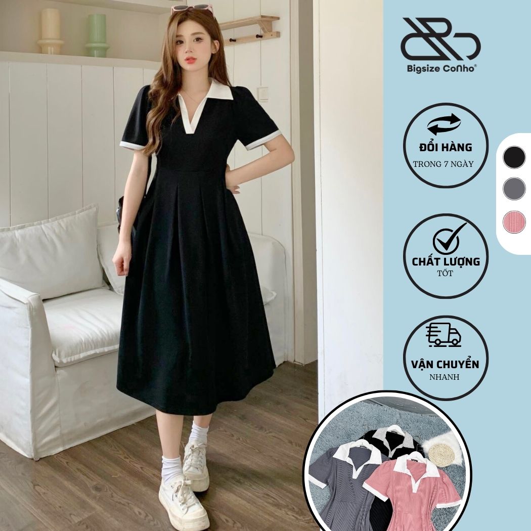 Đầm Polo Bigsize Cô Nhỏ Dáng Suông Chữ A,Đầm Phom Rộng Bigsize Dáng Dài Vải Dệt Kim Thun Gân Mặc Mát Thoải Mái G94