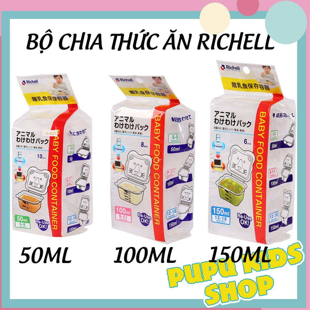 Bộ hộp chia thức ăn dặm 100ml,150ml hình thú Richell Nhật PUPU KIDS SHOP