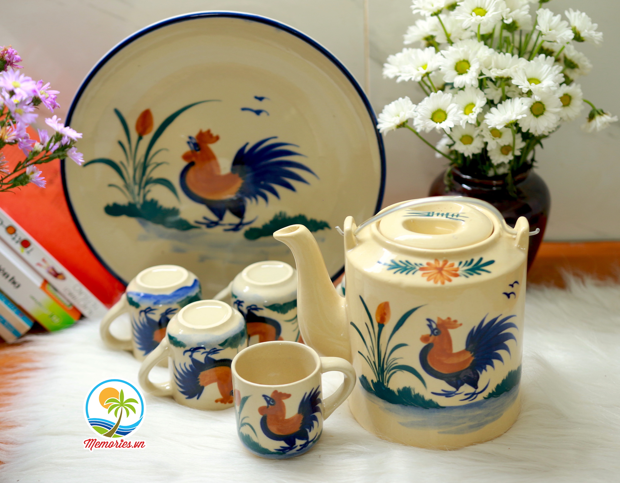 Bộ ấm tích uống trà gốm xưa hình conn gà trống - quà tặng trang trí