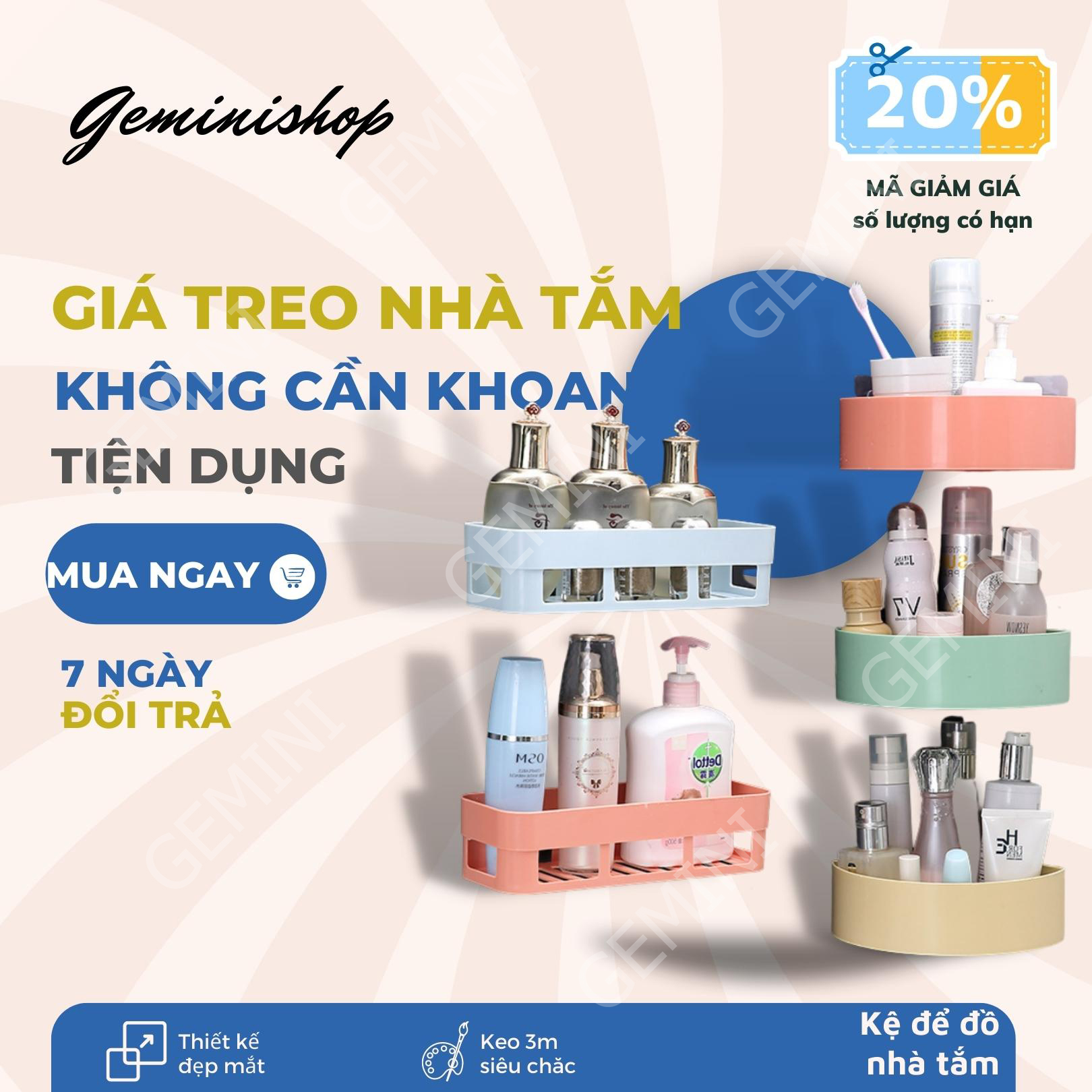 Kệ góc nhà tắm kệ chữ nhật dán tường N215 siêu dính chắc giá để đồ phòng tắm tam giác kệ ngang nhà bếp siêu chắc GEMINI SHOP