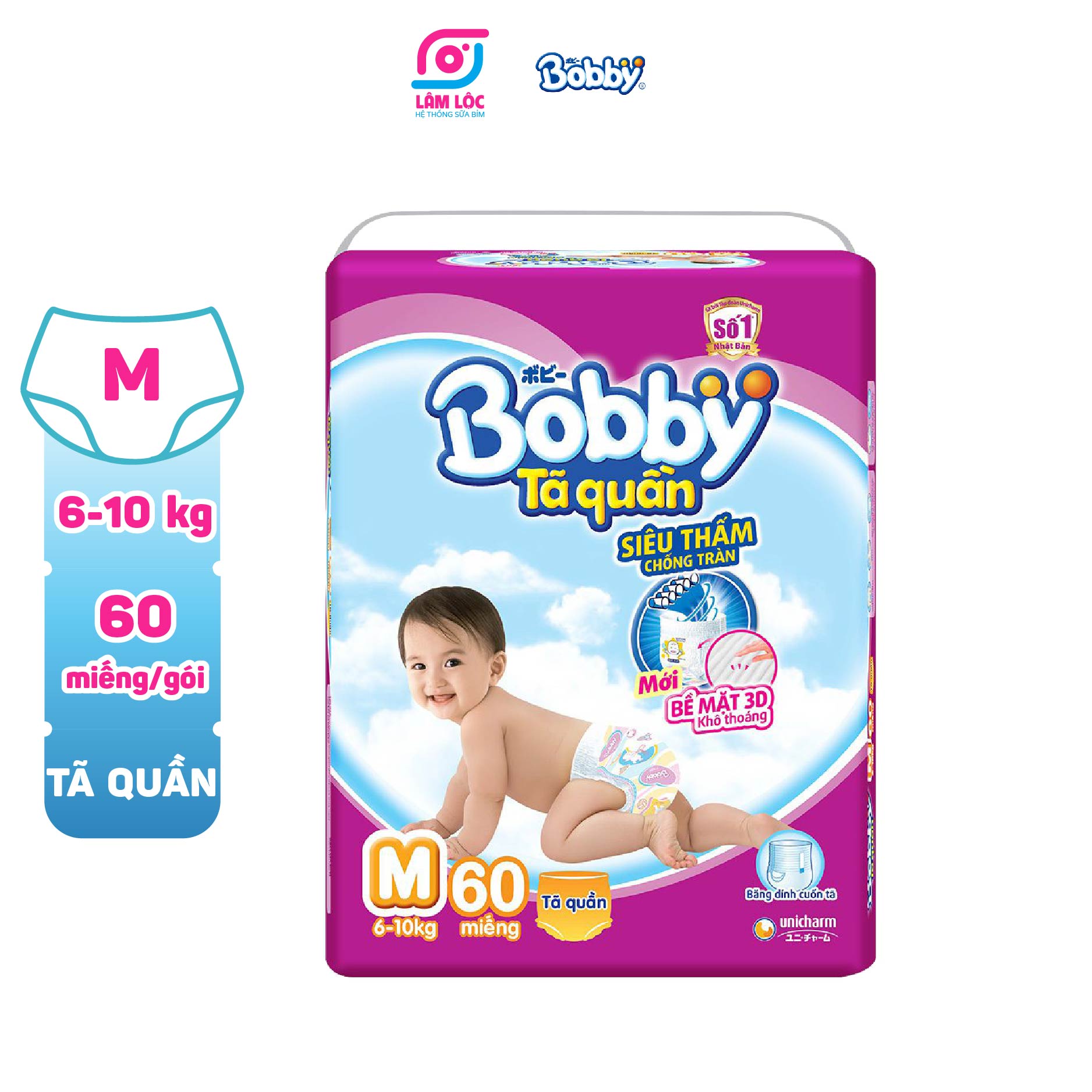 Bỉm quần Bobby, tã quần Bobby size M60 miếng dành cho bé từ 6-11kg