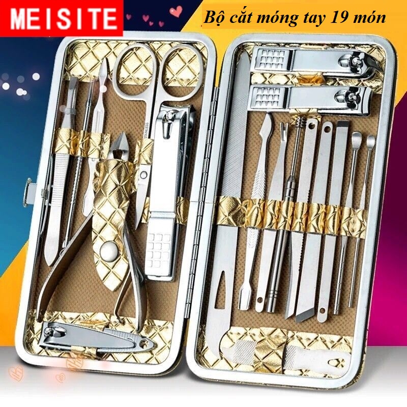 [Chọn Mã] Bộ kiềm cắt móng 15-18-19-20 món thép không gỉ, hộp da vàng rồng dạng ví cầm tay cao cấp