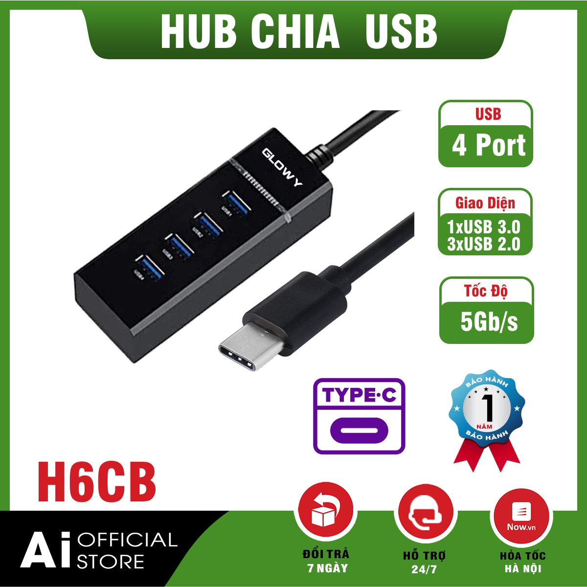 Chính Hãng Bộ chia cổng USB type C _ Hub USB Gloway H6CB _ Bảo hành 12