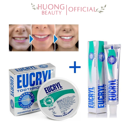 COMBO Kem đánh răng 62g và bột tẩy trắng răng 50g Eucryl - giúp răng trắng sáng chỉ sau 7 ngày