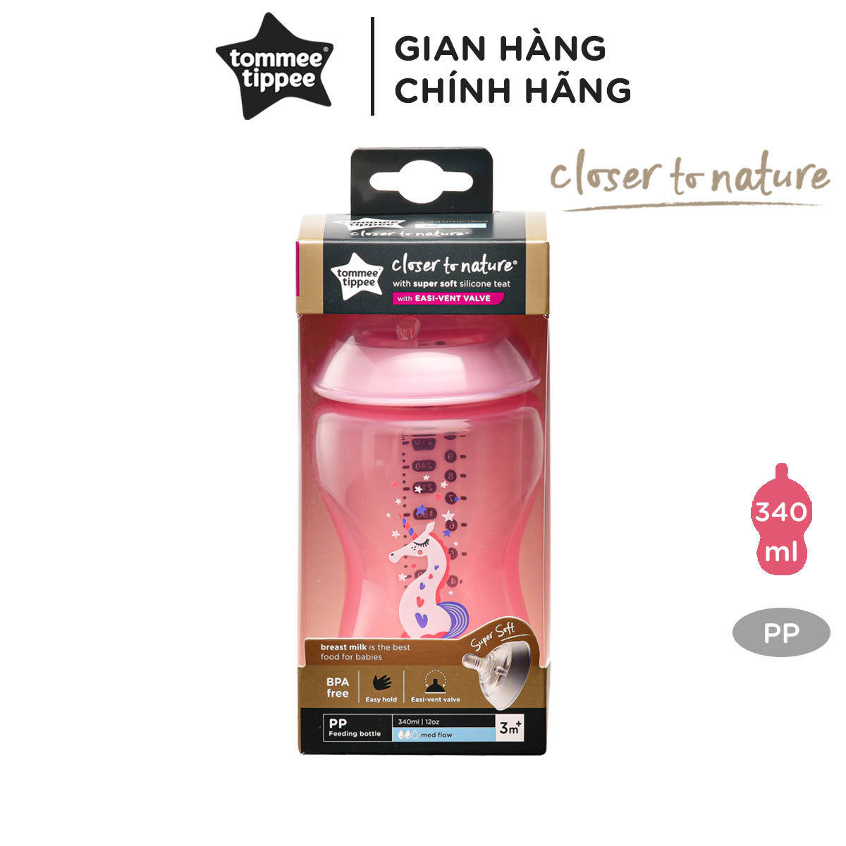 Bình sữa ty siêu mềm tự nhiên Tommee Tippee Closer to Nature 340ml, núm ty đi kèm 3-6 tháng - Hồng