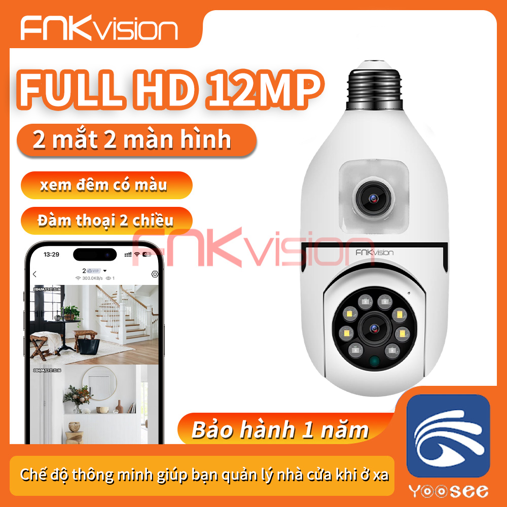 【New Camera Yoosee 2 mắt kết nối bằng đui đèn E27 Fnkvision 12 MP , không cần đi dây, quan sát từ xa qua điện thoại