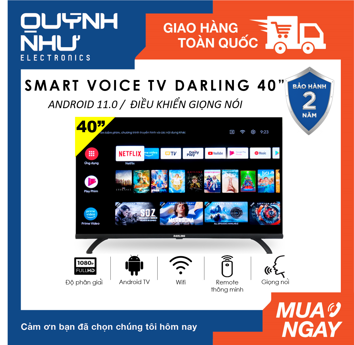 (Trả góp 0%) Smart Voice Tivi Darling 40 inch 40FH964V (Full HD, Hệ điều hành Android 11.0, Kết nối Internet Wifi, ĐK giọng nói, Youtube, Web Browser, Truyền hình Kỹ thuật số DVB-T2, màu đen) - Tivi giá rẻ - Bào hành toàn quốc 2 năm