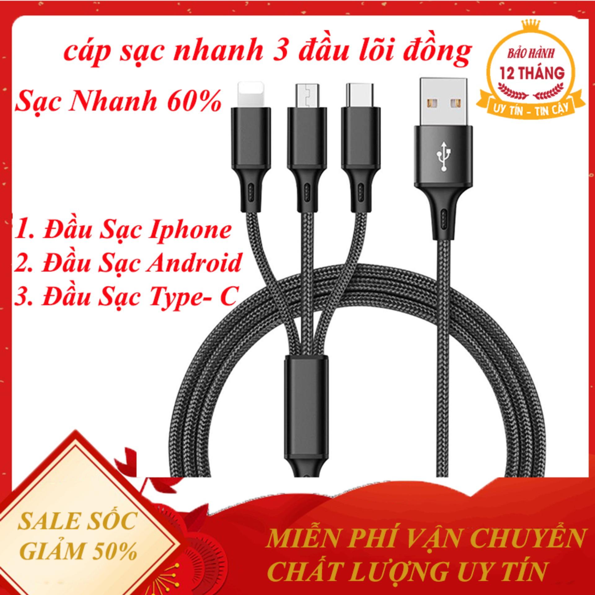 Cáp sạc điện thoại đa năng, Cáp sạc nam châm 3 đầu, Bộ Dây Cáp Sạc 3 Đầu Lõi Đồng Hỗ Trợ Sạc Nhanh, Tương Thích Nhiều Thiết Bị Chân Cắm TypeC, Lingtning, Micro USB,  Dây Bọc Vải Dù Chống Đứt, Chống Rối Tốt.