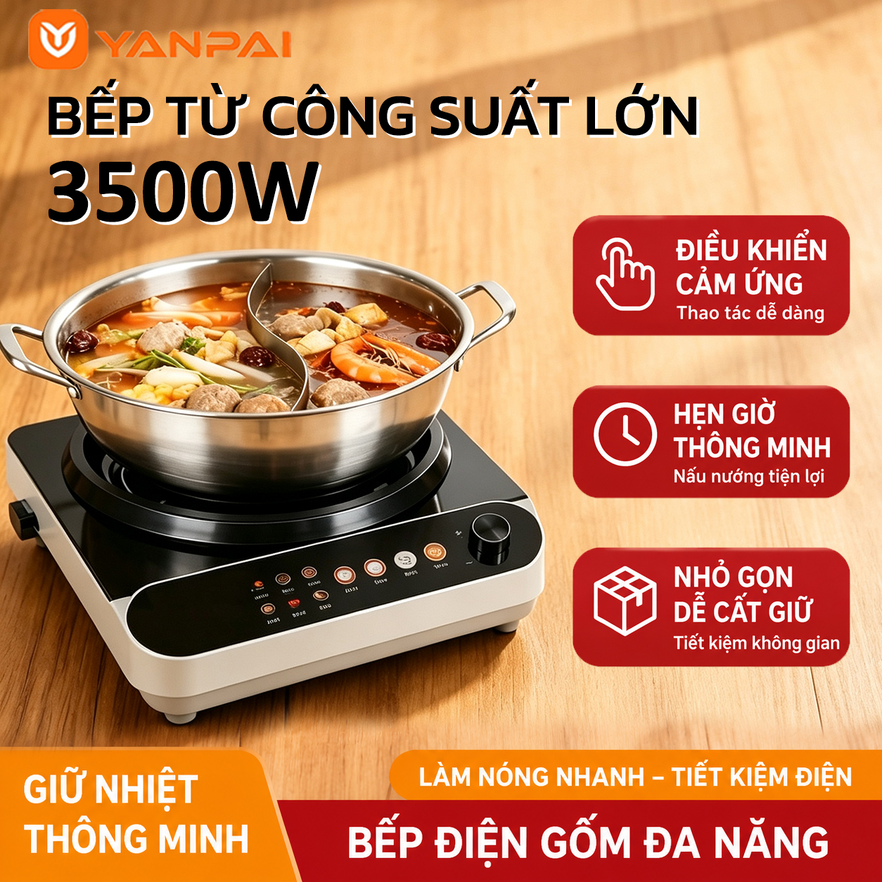 YANPAI Bếp gốm điện 3500w,Cảm Ứng Đa,Bếp Núm Điều Chỉnh Dễ Dàng Sử Đụng ,không kén nồi công suất,Không Bức Xạ Tiết Kiệm Điện.