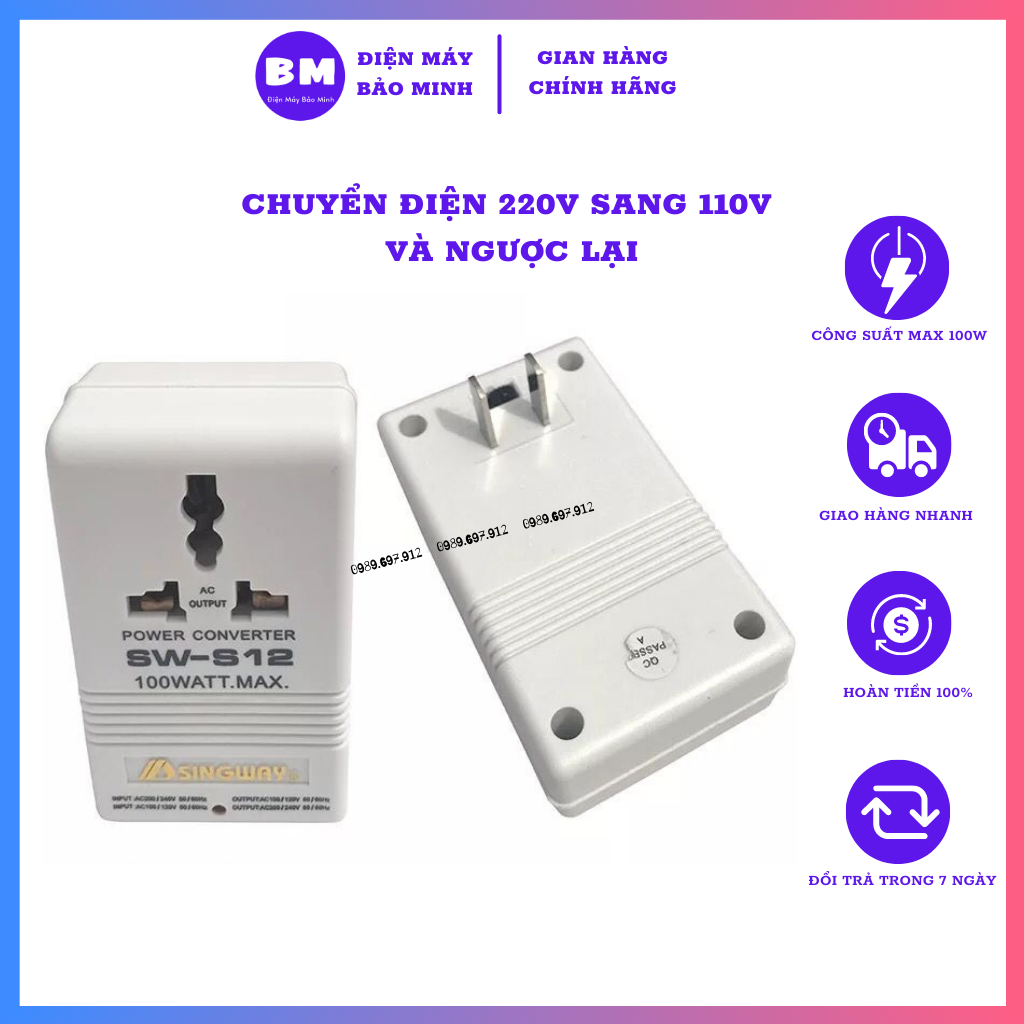 Bộ đổi nguồn 220v sang 110v singway 100w | dùng cho các thiết bị nhật, mỹ, đài loan | cục đổi nguồn điện 220v 110v