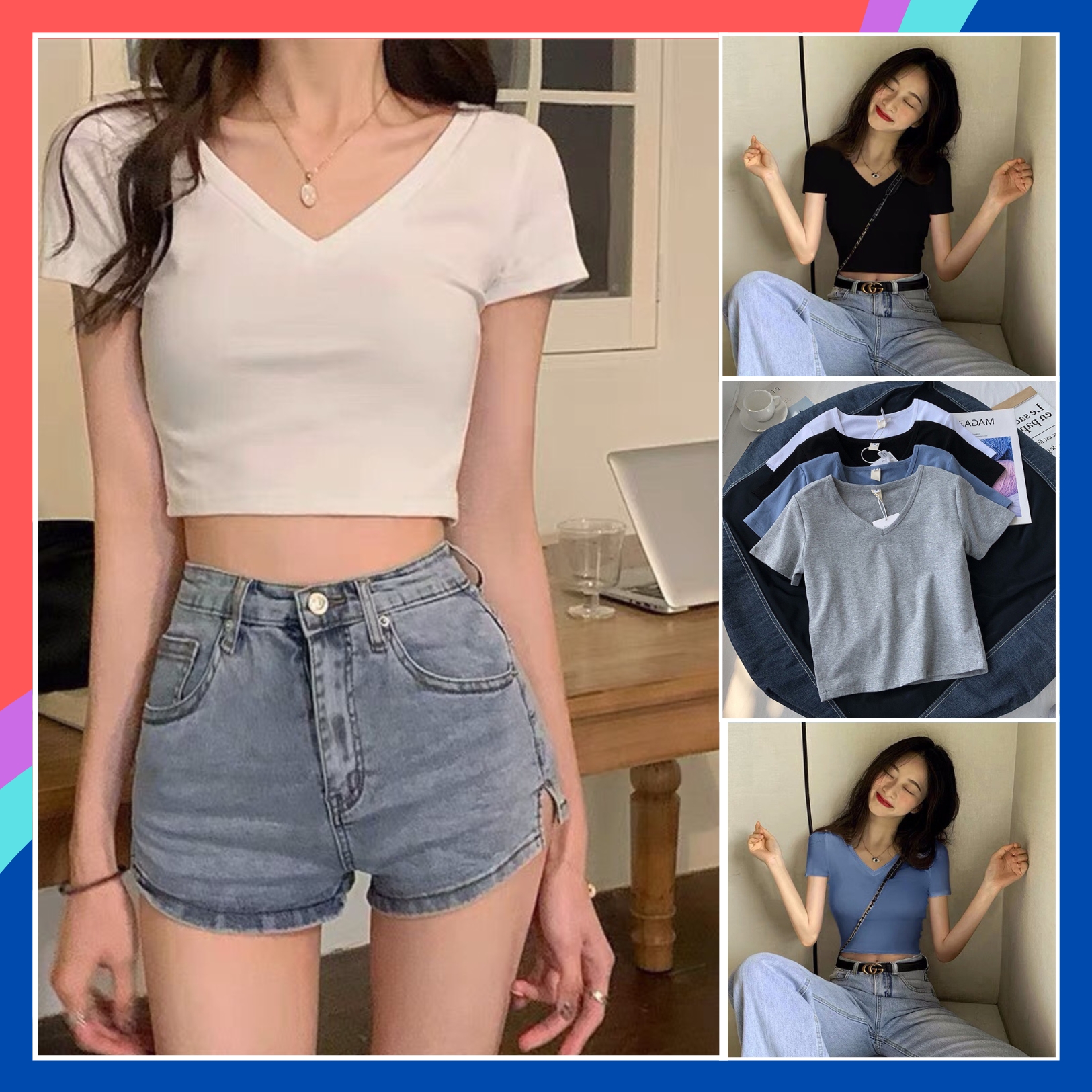 Áo thun nữ trơn Eva design AT04 áo phông nữ vải thun co giãn 4 chiều cổ V dáng ôm