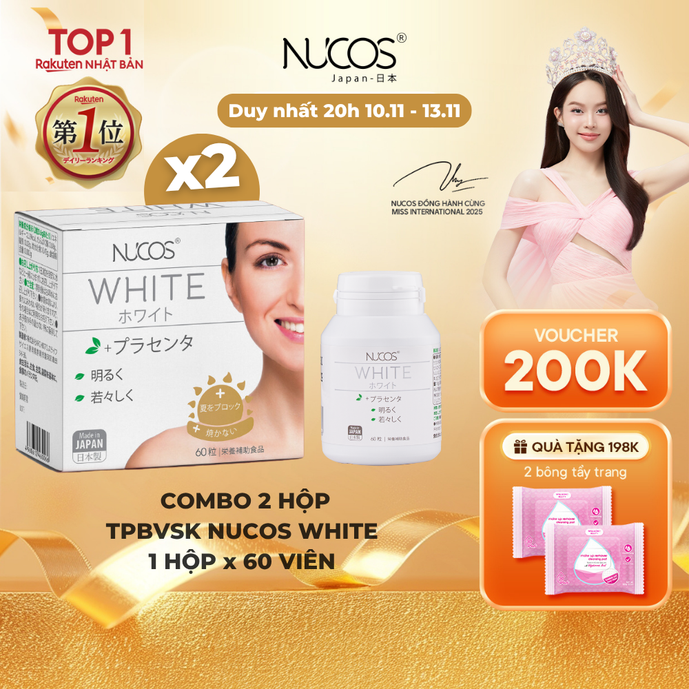  Combo 2 hộp TPBVSK Viên Uống Trắng Da Nucos White Giúp Mờ Thâm Nám Sáng Da Chống Nắng 60 viên 