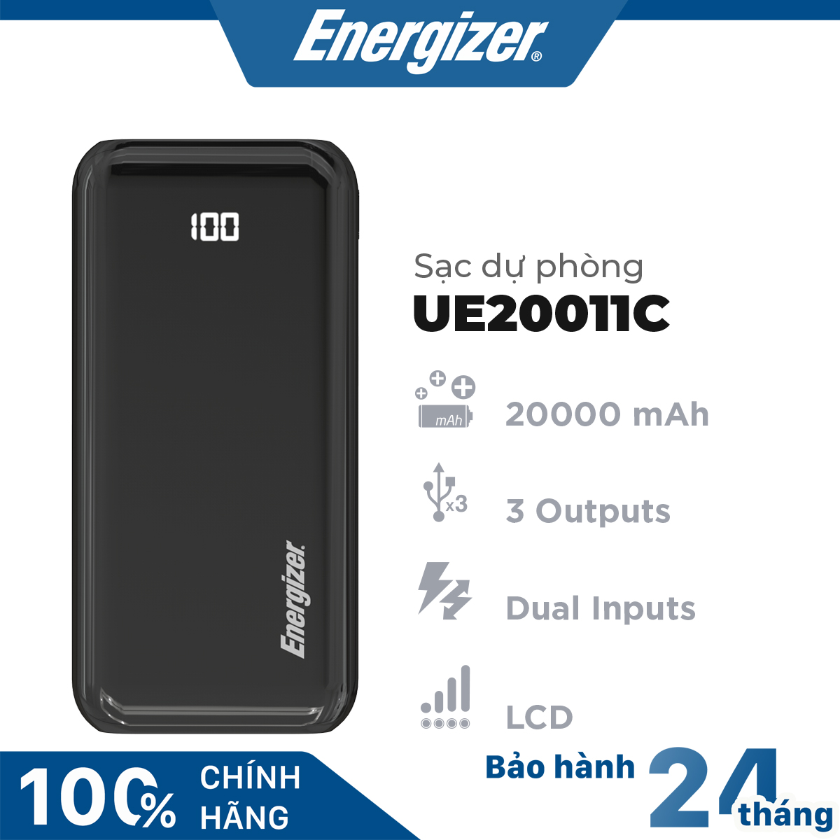 Sạc dự phòng Energizer UE20011C 20000mAh có màn hình LED tích hợp 3 cổng outputs và 2 cổng inputs