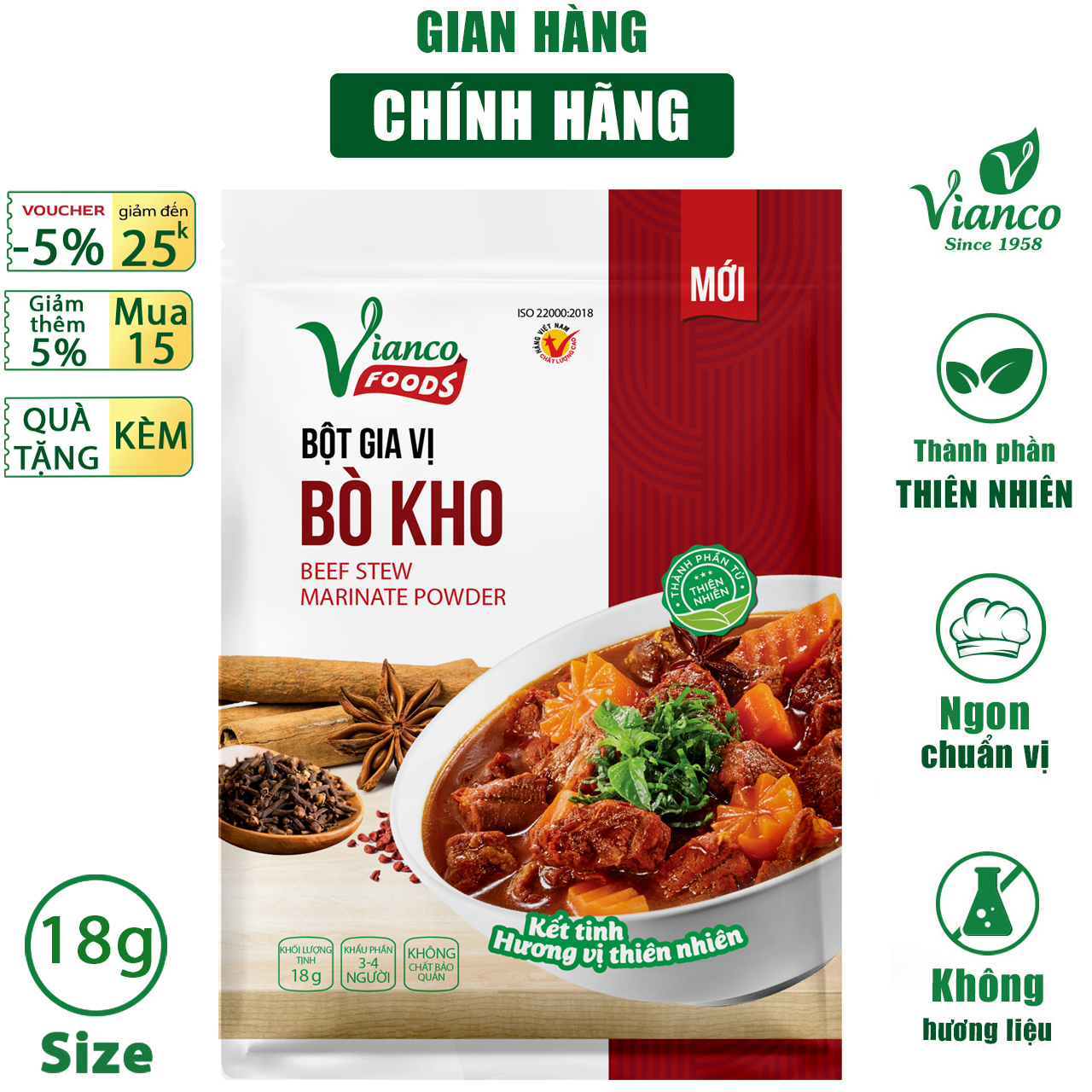 Combo 3 gói Gia vị nấu Bò Kho Vianco gói 18g gia vị nêm sẵn chuẩn vị không cần nêm nếm - Gia vị Việt Ấn
