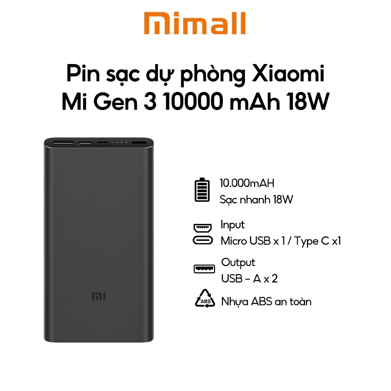 Pin sạc dự phòng xiaomi mi gen 3 10000 mah 18w - hỗ trợ sạc nhanh