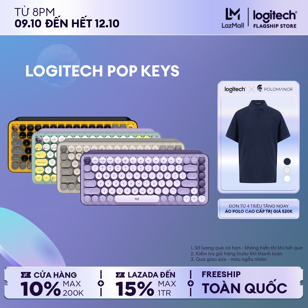 Bàn phím cơ không dây bluetooth | USB Logitech POP KEYS - với 8 phím emoji có thể điều chỉnh, switch tactile, kết nối 3 thiết bị