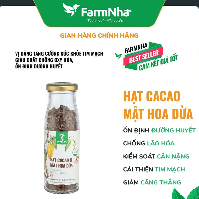 Hạt cacao mật hoa dừa sokfarm 75gr 100% organic chuẩn fda hoa kì - bổ sung năng lượng, ổn định đường huyết