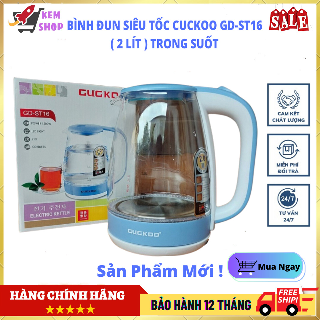 Ấm đun siêu tốc, Bình đun nước siêu tốc thủy tinh Cuckoo GD-ST16 dung tích 2L, công suất 1500W nhanh sôi ấm siêu tốc, bình đun siêu tốc, ấm đun nước, ấm nước siêu tốc