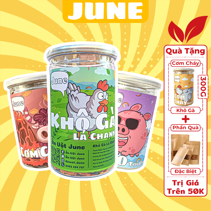 COMBO đồ ăn vặt: Khô gà lá chanh - Cơm cháy lắc khô bò - Da heo tỏi tớt, ăn vặt June thơm ngon chuẩn vị