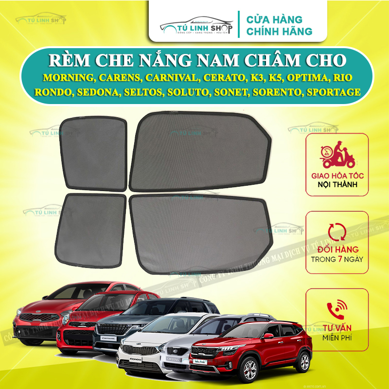 Rèm che nắng nam châm cho Kia Morning, Carens, Carnival, Cerato, K3, K5, Optima, Rio, Rondo, Sedona, Seltos, Soluto, sonet, sorento, sportage, Pride,  Spectra bộ 4 tấm cho 4 cửa, hàng loại 1 cao cấp, vừa khít kính