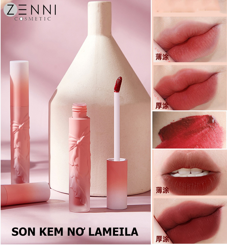 Son Kem Lì Lameila Mịn Môi Nơ Hồng Khắc Nổi Siêu Xinh, Hương Thơm Đào Nhẹ Nhàng, Son Kem Mịn Mượt Mỏng Nhẹ Dễ Dàng Lên Màu, Không Gây Khô Môi, Bền Màu, Lên Tone Chuẩn - Zenni