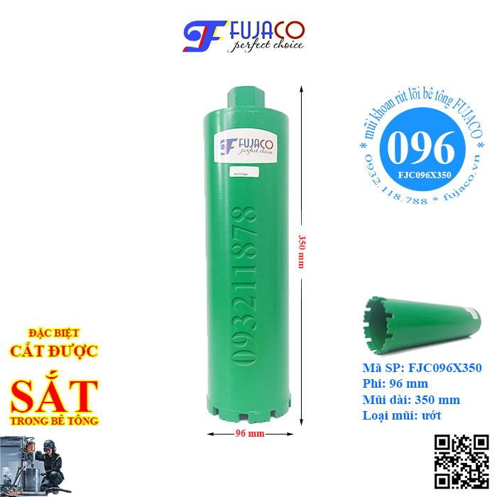 Mũi khoan rút lõi bê tông phi 96 x 350 mm - FUJACO khoét lỗ tròn tường gạch bê tông cốt thép nhanh mịn chuyên nghiệp FJC096X350