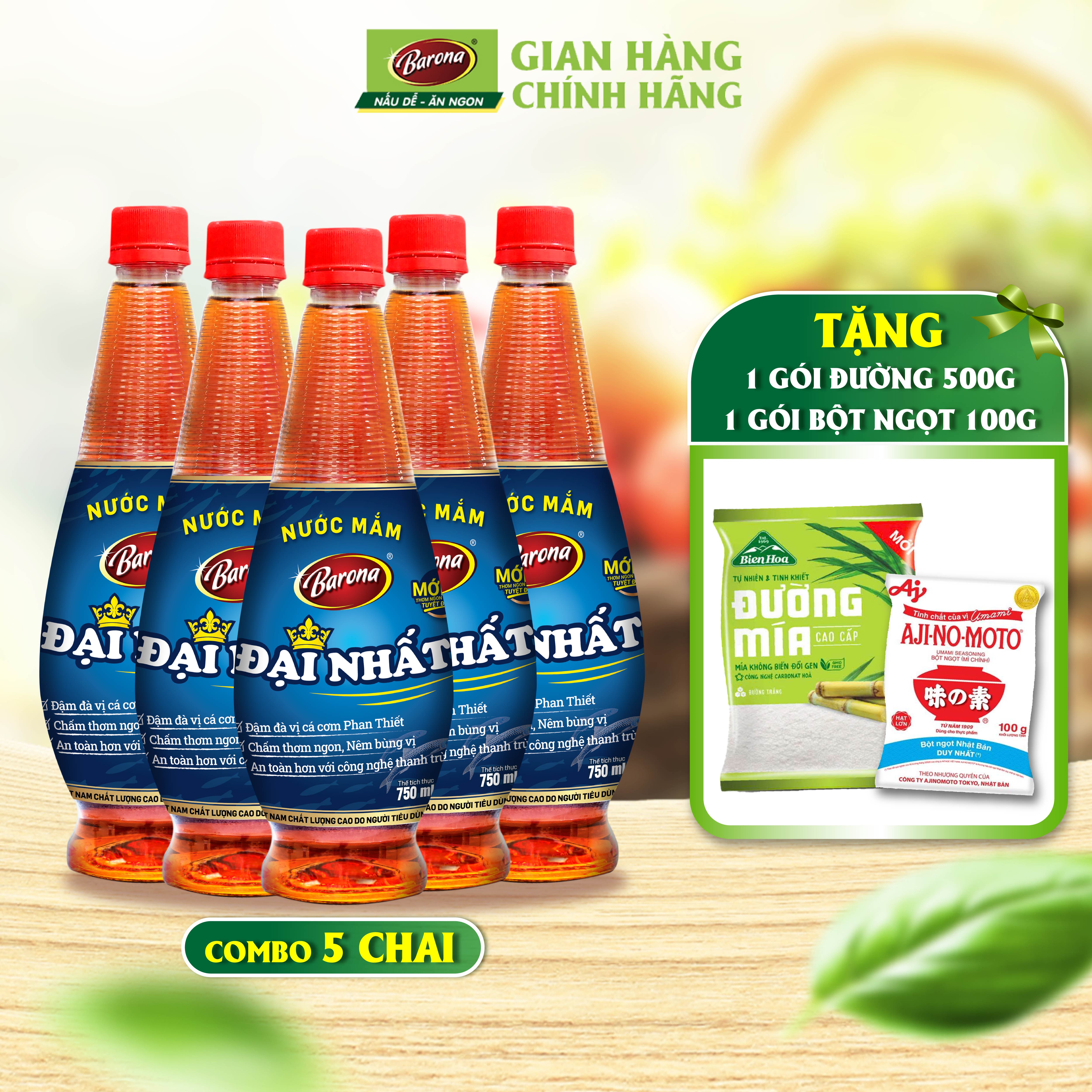 Combo 5 chai Nước Mắm Barona Đại Nhất 12 Độ Đạm - 750ml [Tặng 500g đường + 100g bột ngọt]