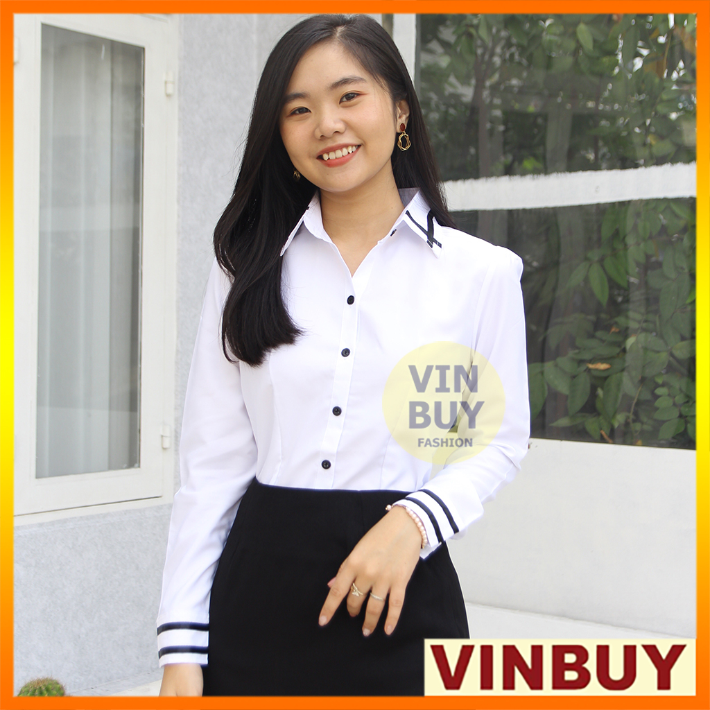 [HCM]Áo sơ mi trắng nữ form công sở phối viền đen thanh lịch VINBUY - hàng cao cấp chất liệu vải mềm mịn