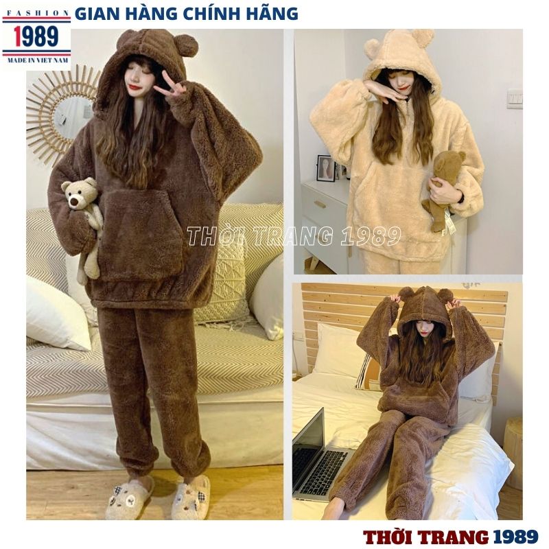 Bộ ngủ lông gấu trơn, bộ ngủ lông áo hoodie mũ tai gấu, bộ ngủ lông nũ siêu ấm, bộ mặc nhà nữ, sét bộ lông nữ, bộ ngủ lông gấu cute, bộ ngủ lông from rộng, bộ ngủ lông gấu nâu, bộ pijama hàn quốc Áo lông ,THỜI TRANG 1989