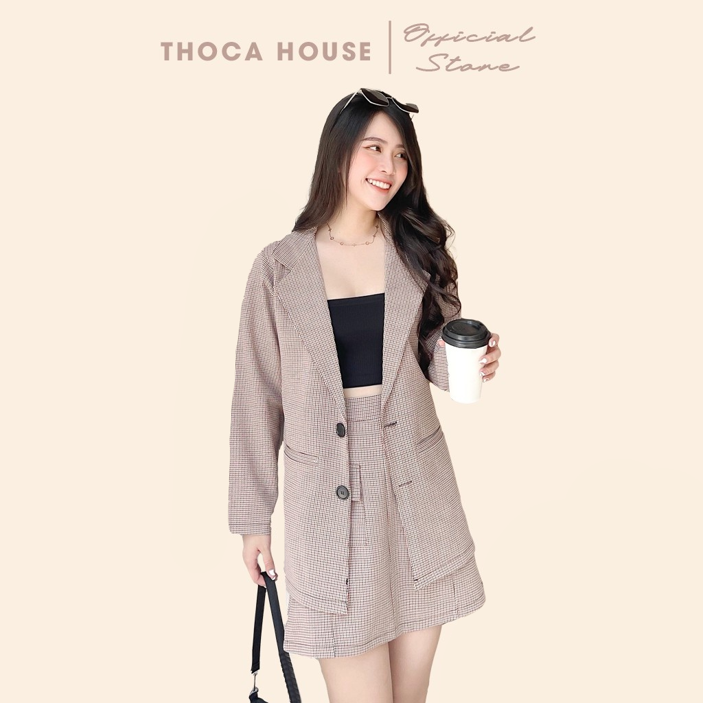 Set công sở khoác vest blazer phối chân váy ngắn 2 túi nấp chỉ đen cam THOCA HOUSE thanh lịch, sang trọng